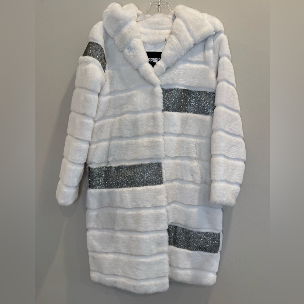 Apparis White Faux Fur Coat with added Silver Accents, Size XS